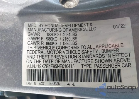 2022 Honda Insight Touring из США, поврежденный, VIN 19XZE4F95NE010415